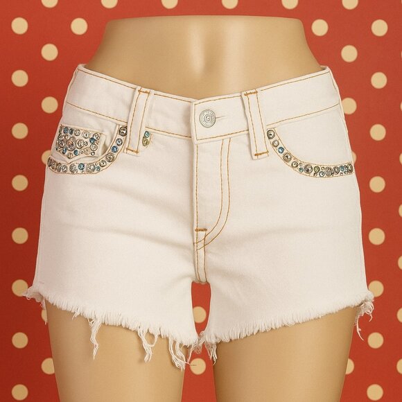 True Religion White Cutoff Shorts Size 27 | Crystal Studded USA Made - Picture 1 of 12